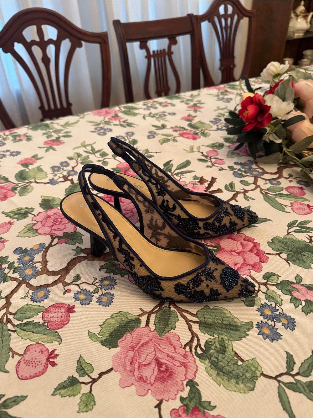 Blue by Betsey Johnson Nikki Mesh Flower Beaded Slingback Pumps Navy
